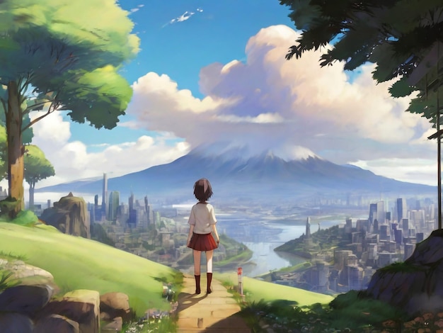 アニメの女の子が山の日の出を見ている デジタルアート アニメアート グラフィック 背景 アニメキャラクター アニメ 壁紙 カートゥーンガール ファンタジー