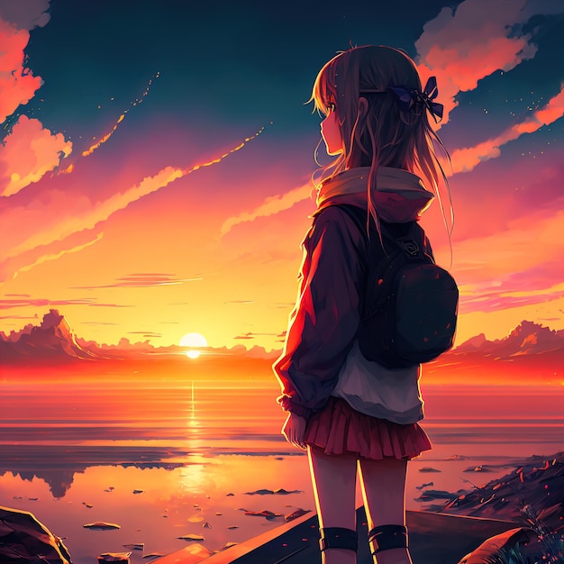 Ragazza anime che guarda l'illustrazione 3d del tramonto