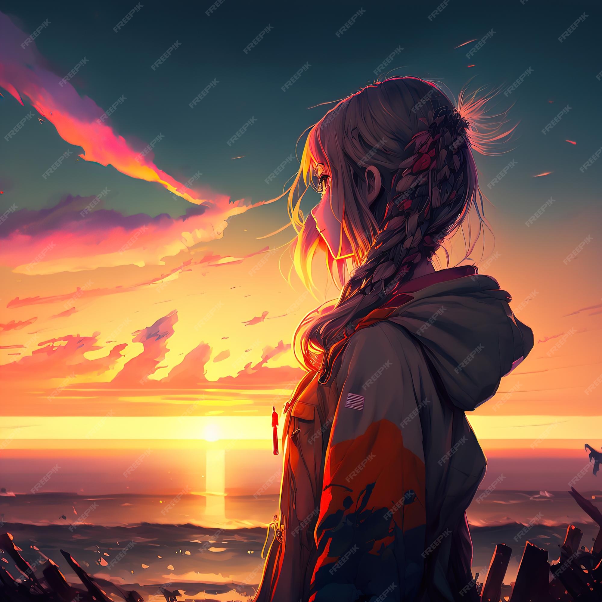 Download A cute anime profile picture with a gorgeous sunset backdrop!