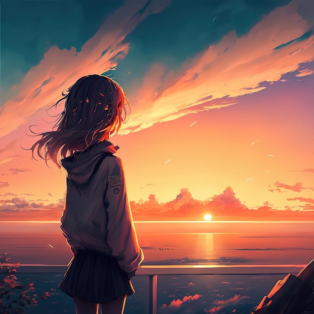夕日の 3 d イラストレーションを見ているアニメの女の子