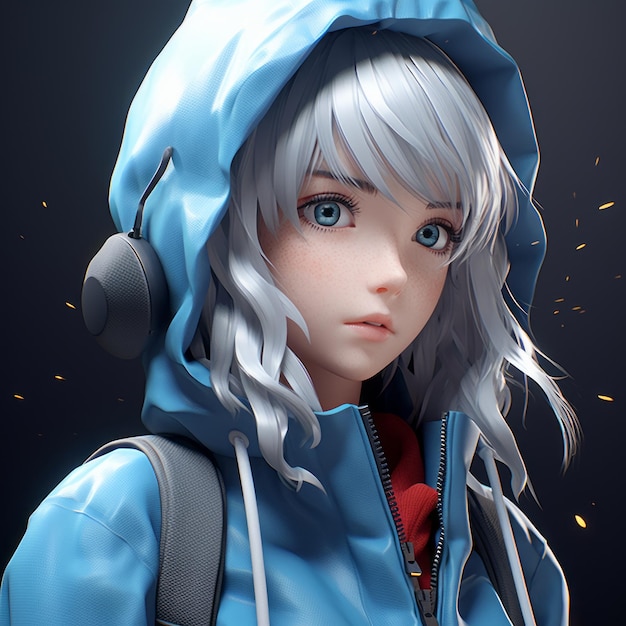 파란색 재킷과 헤드폰을 착용하는 애니메이션 소녀