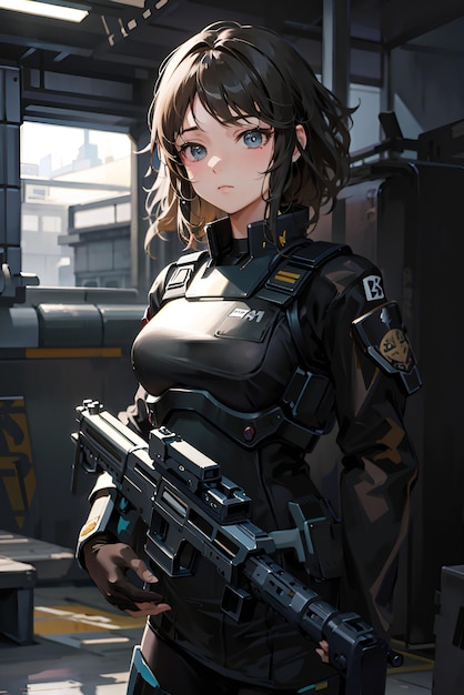 An anime girl wearing a swat police uniform with a machine gun