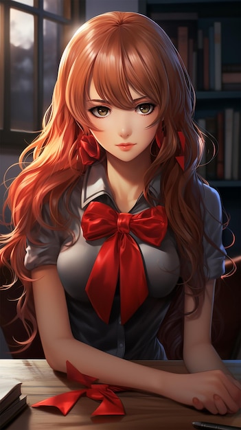 anime girl wears red bikini with Necktie on the table School