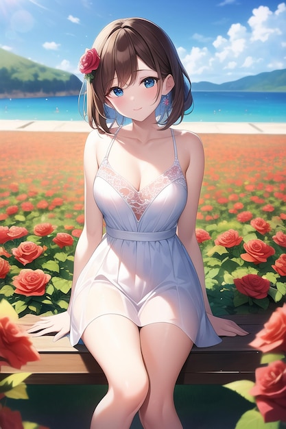 Anime girl in a white dress sitting in a field of flowers