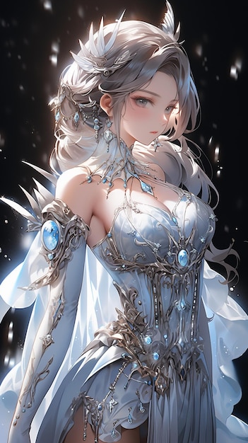 青いマントと剣を持った白いドレスを着たアニメの女の子生成ai
