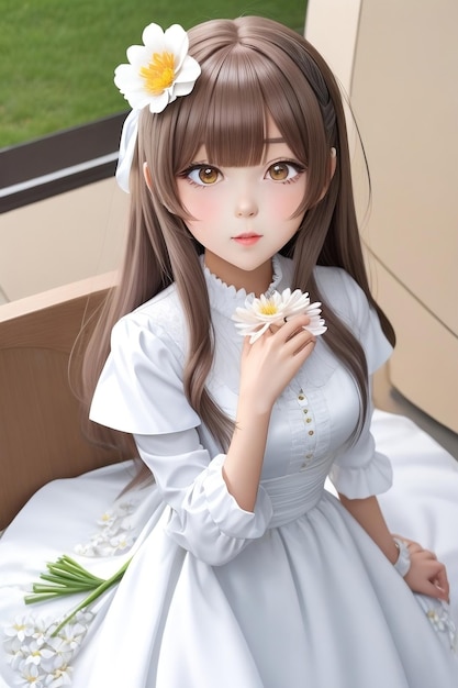 Anime girl in a white dress with a flower