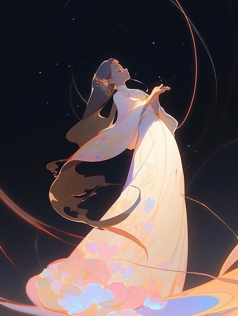 Anime girl in white dress with flowing hair and a long flowing dress generative ai