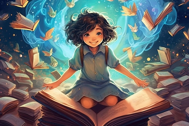 Anime Girl who discovers a magical book that gives the power of happyness manga style illustration generative ai