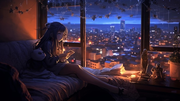 Premium Photo | Anime girl in a window with a city view