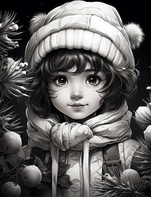 anime girl in winter clothes and hat with pine branches generative ai