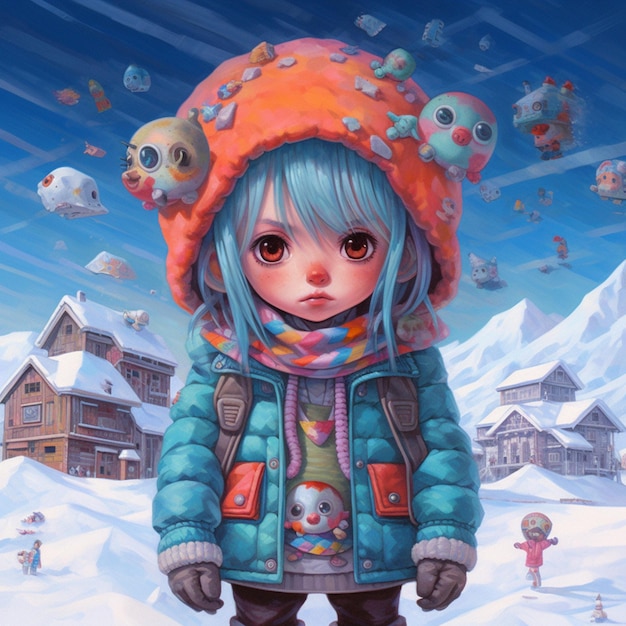 Anime girl in a winter coat and hat standing in the snow generative ai