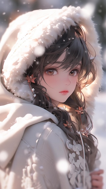 Аниме девушка в зимнем пальто с меховой шапкой и снежинками, генеративный ИИ