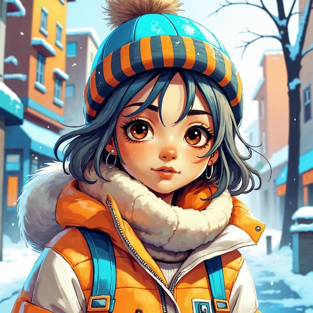 anime girl in winter outfit smiling in a snowy street
