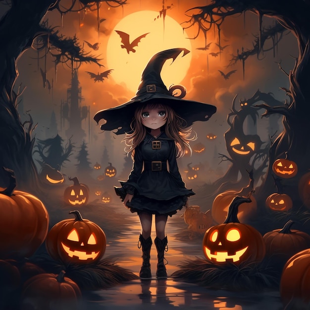 anime girl in a witch costume standing in a pumpkin patch generative ai