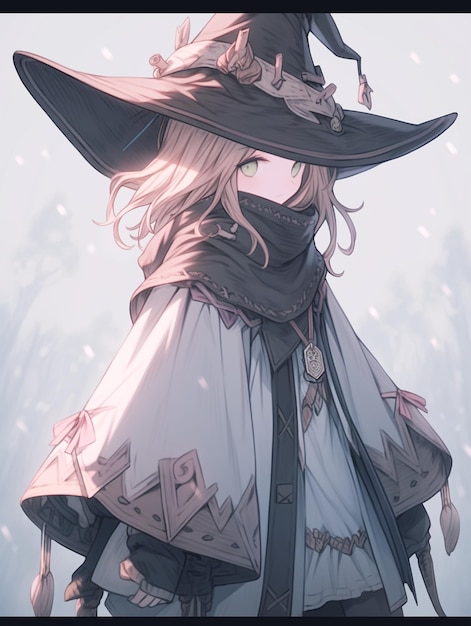 Anime girl in a witch hat and cape with a sword generative ai