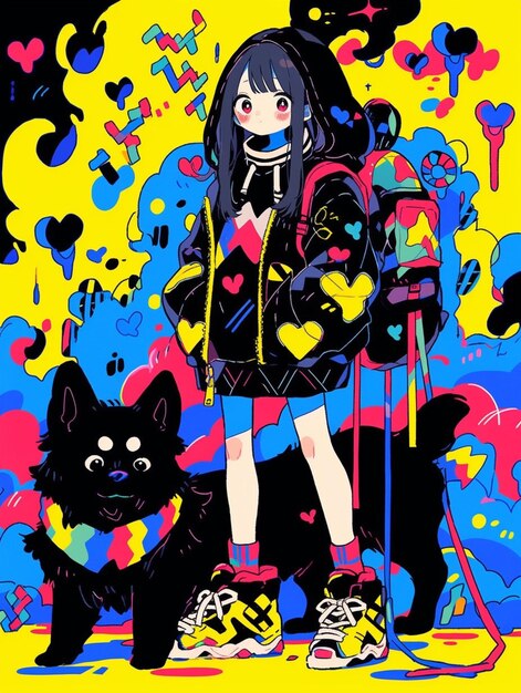 노란색 배경에 배과 고양이를 가진 애니메이션 소녀