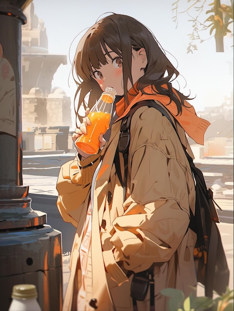 Аниме девушка с рюкзаком и апельсиновым соком в руке генеративный ай
