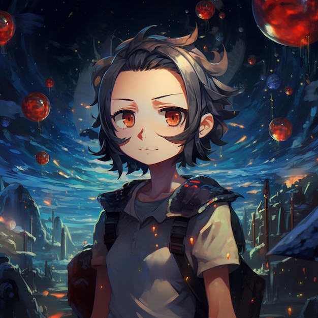 Anime girl with backpack and red eyes standing in front of a city generative ai