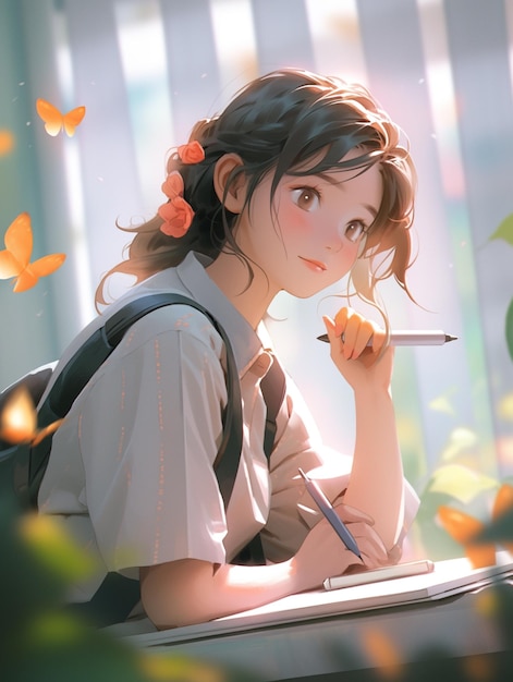 Anime girl with a backpack writing on a notebook with butterflies flying around her generative ai