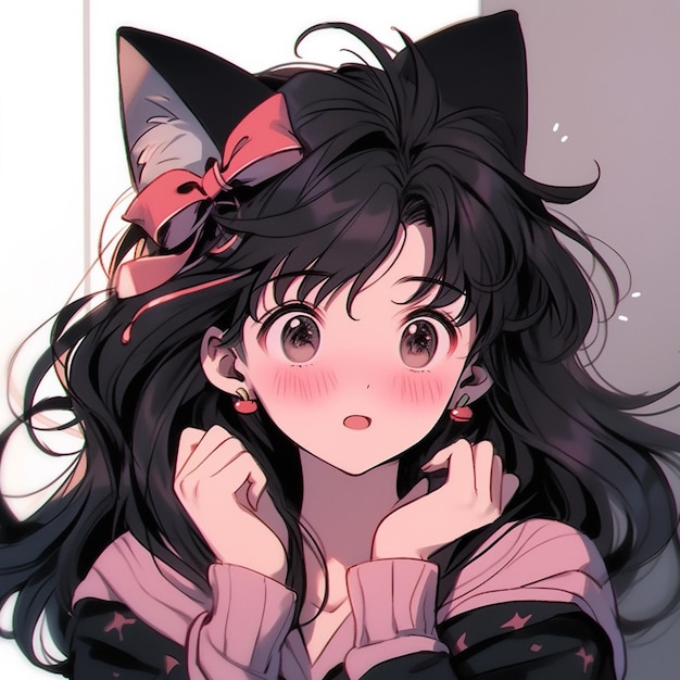 Anime girl with black hair and a cat ears and a pink sweater generative ai