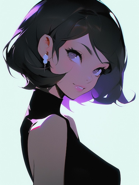 Anime girl with black hair and earrings in a black dress generative ai