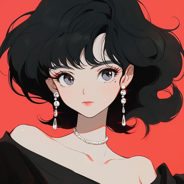 검은 머리카락과 귀걸이를 입고 검은 드레스를 입은 애니메이션 소녀