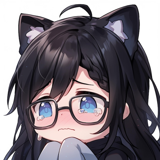 anime girl with black hair and glasses with cat ears generative ai