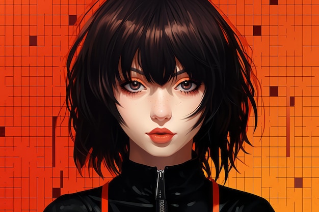 anime girl with black hair and orange background