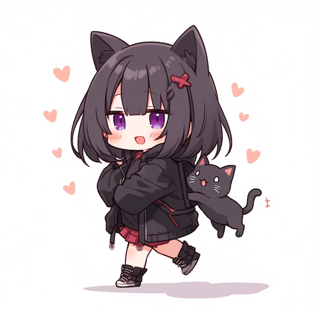 Anime girl with black hair and purple eyes holding a black cat generative ai