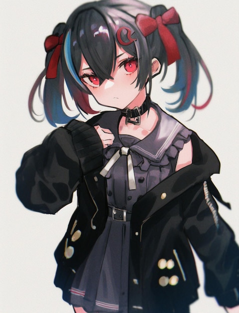 Premium AI Image | Anime girl with black hair and red eyes in a black ...