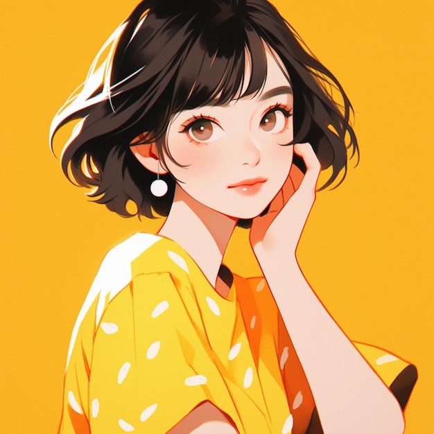 Anime girl with black hair and yellow polka dot shirt holding her hand to her face generative ai