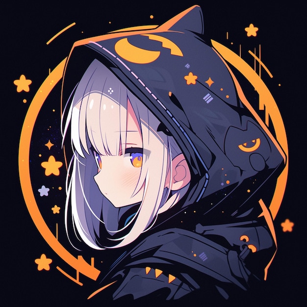 Anime girl with black hoodie and stars in background generative ai