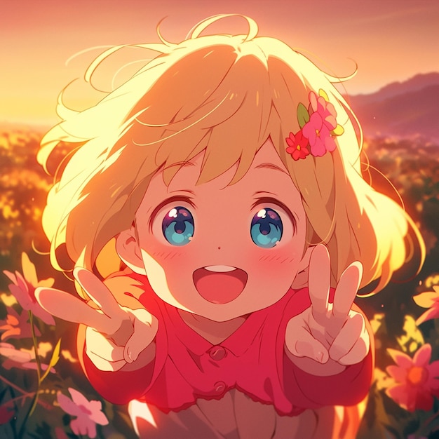 Anime girl with blonde hair and blue eyes in a field of flowers generative ai