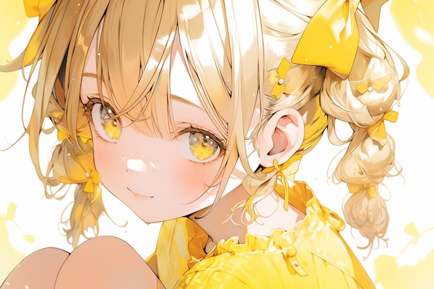 anime girl with blonde hair and yellow dress with yellow bows generative ai