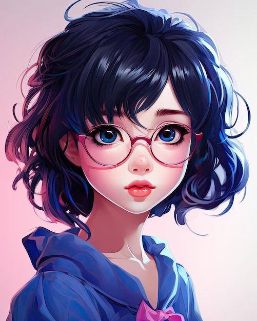 anime girl with blue big eyes short hair cute smile with blue sweater portrait simple background