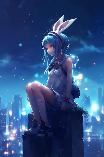 Anime girl with a blue bunny on her ears