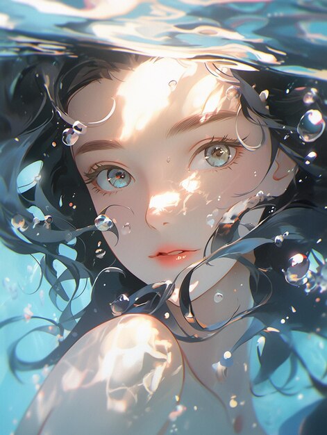 anime girl with blue eyes and black hair in the water generative ai