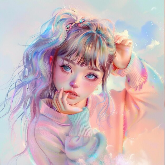 anime girl with blue eyes and pink hair posing for a picture generative ai