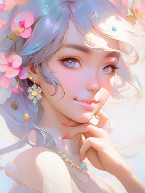 写真 アニメの青い ⁇ の女の子と ⁇ の花の花