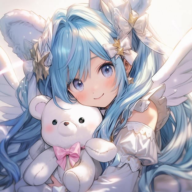 Anime girl with blue hair and angel wings holding a teddy bear generative ai