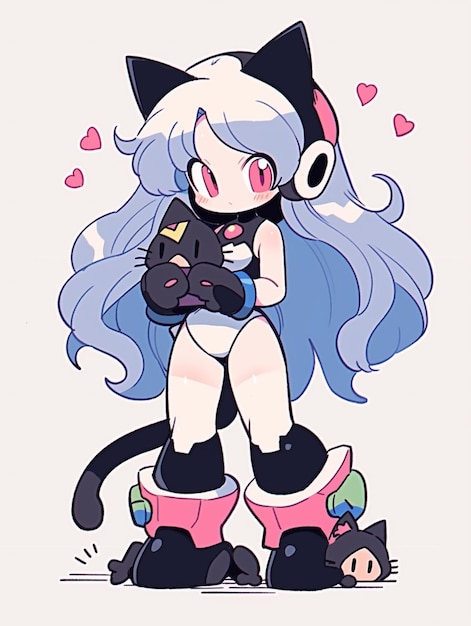 anime girl with blue hair and black cat ears holding a black cat generative ai