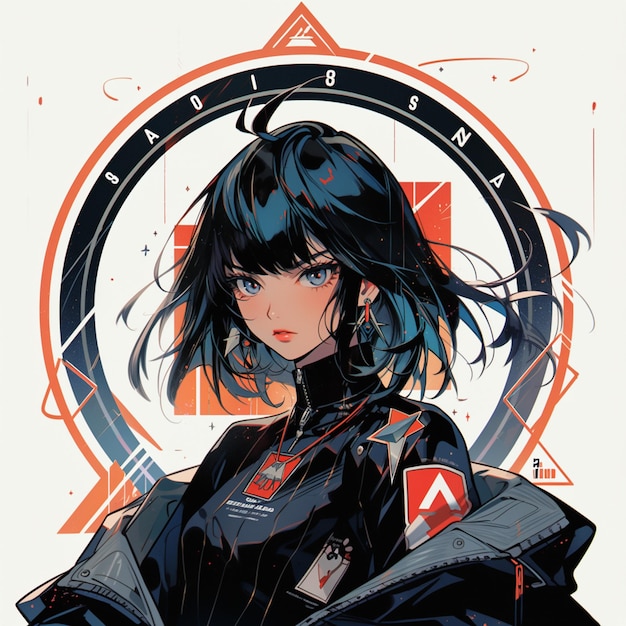 anime girl with blue hair and black jacket holding a red and white card generative ai