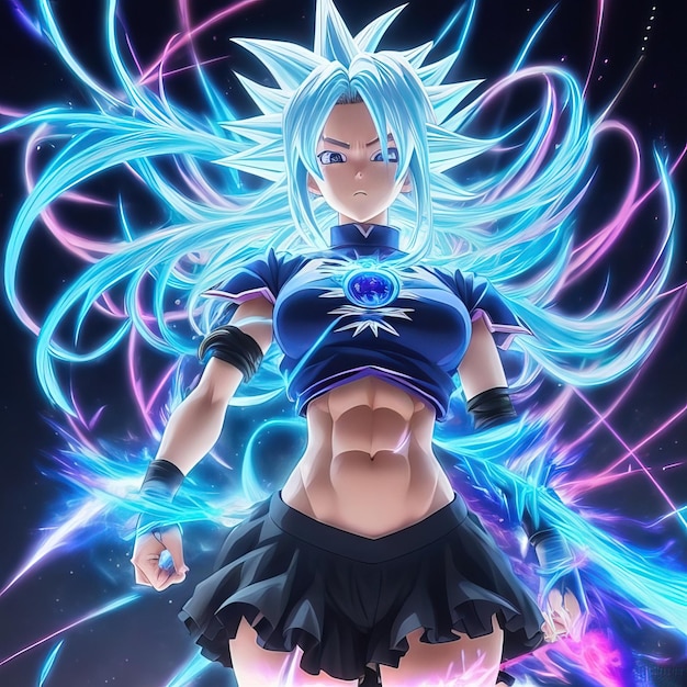 Photo anime girl with a blue hair and a black skirt