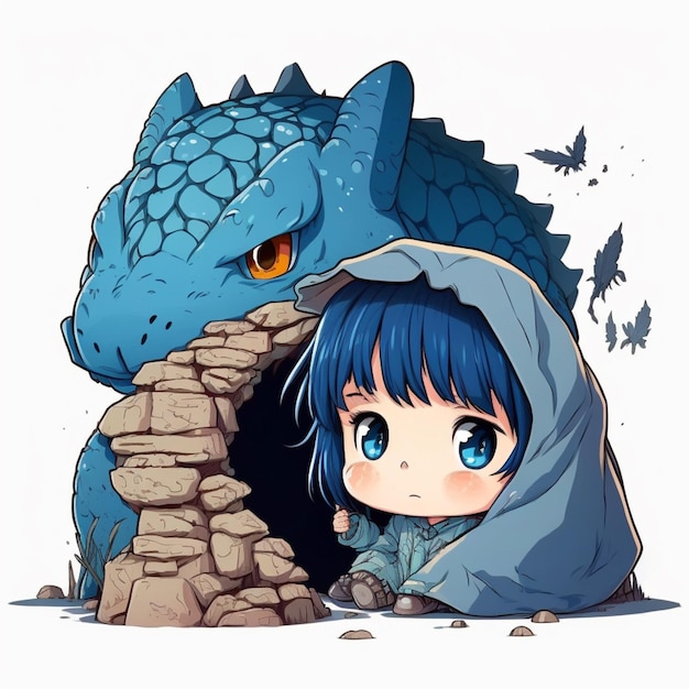 Anime girl with blue hair and blue eyes sitting in a cave generative ai