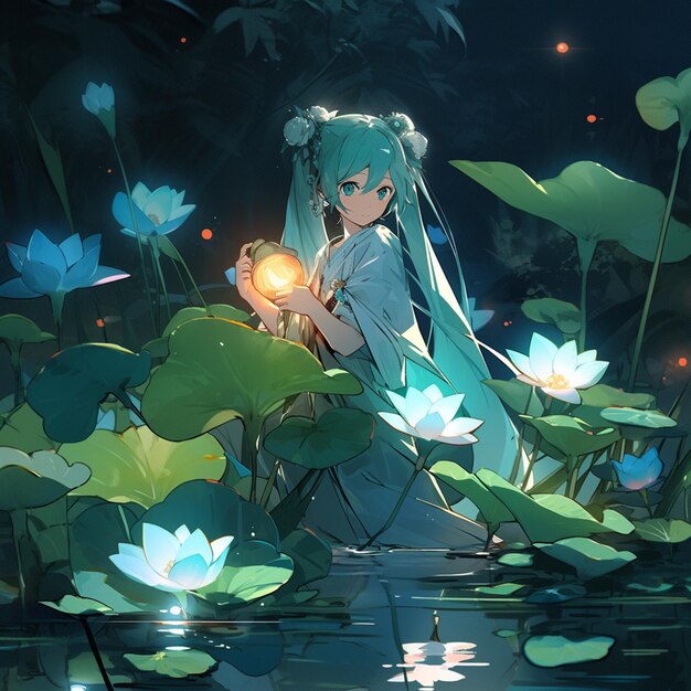 Anime girl with blue hair and blue eyes sitting in a pond of water generative ai