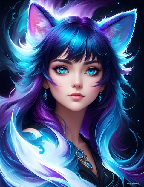 파란 머리와 고양이 귀를 가진 애니메이션 소녀 벽지