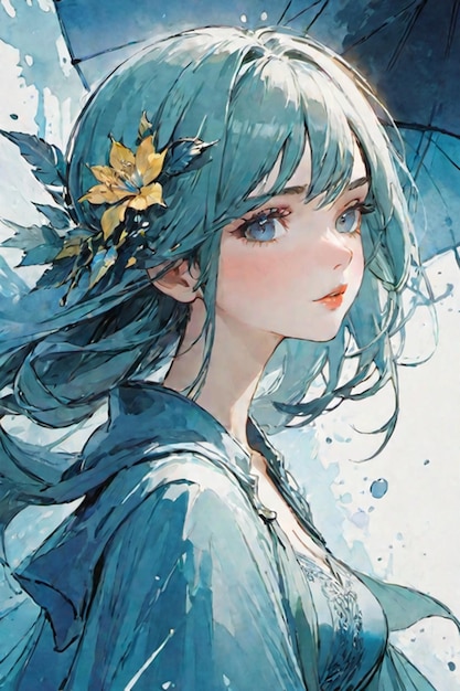 Foto ragazza dell'anime con i capelli blu e un fiore nei capelli