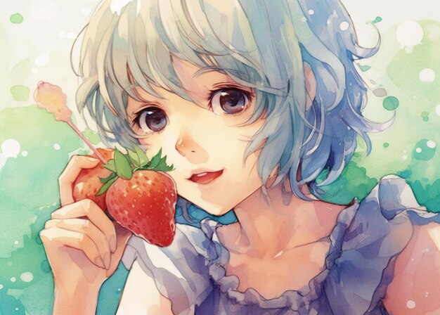 アニメの青い女の子が手にイチゴを握っている