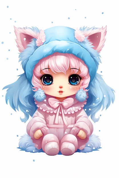 Anime girl with blue hair and pink ears sitting on the ground generative ai