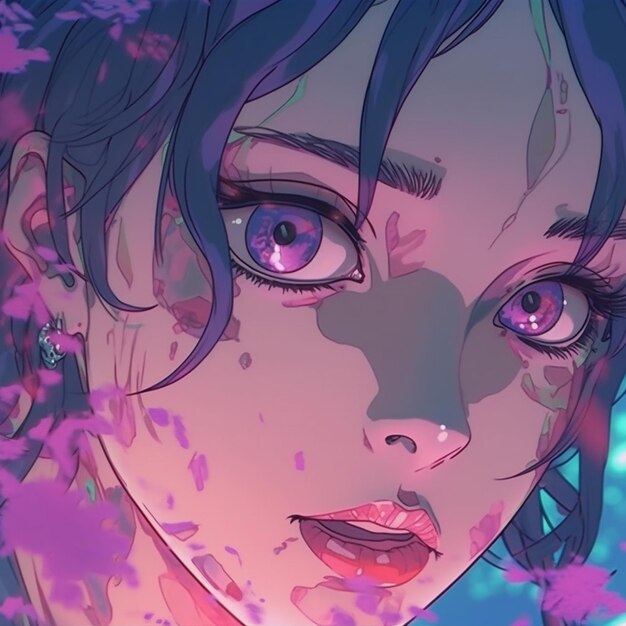 Anime girl with blue hair and purple eyes staring at the camera generative ai